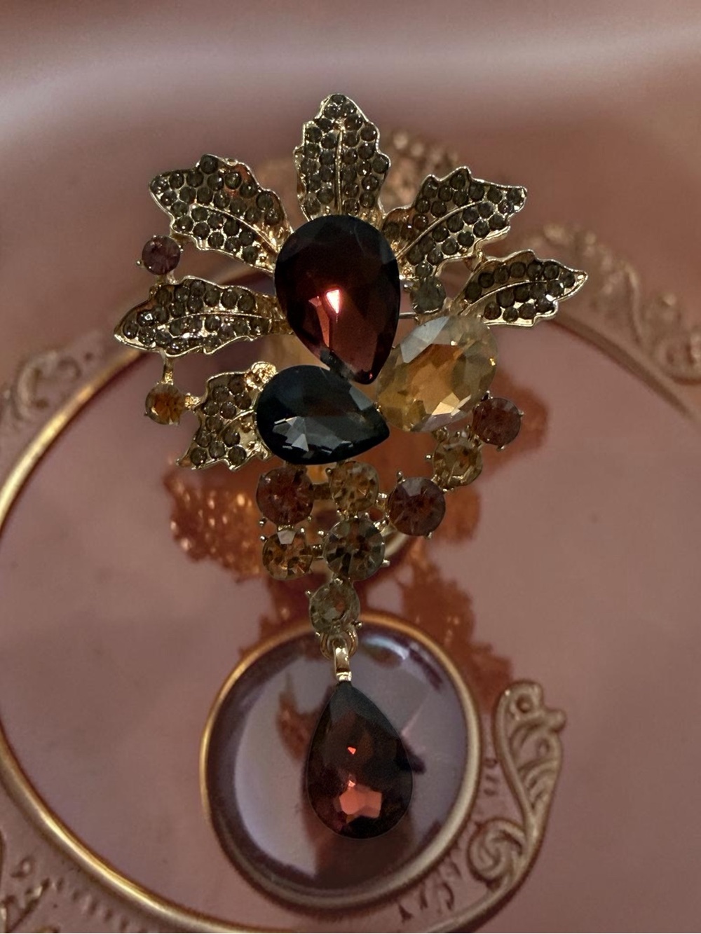 Gold-tone Floral Drop Brooch with Garnet and Amber Stones